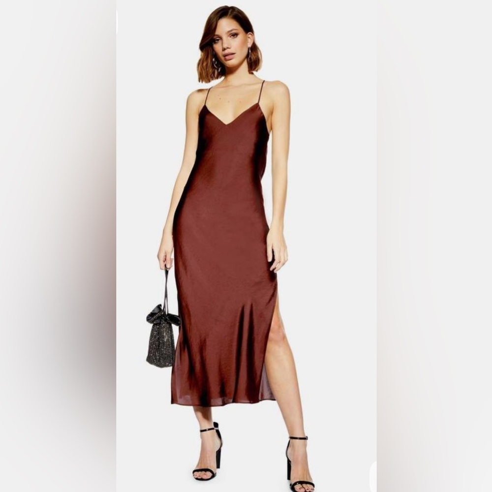 Topshop Brown Satin Midi Dress